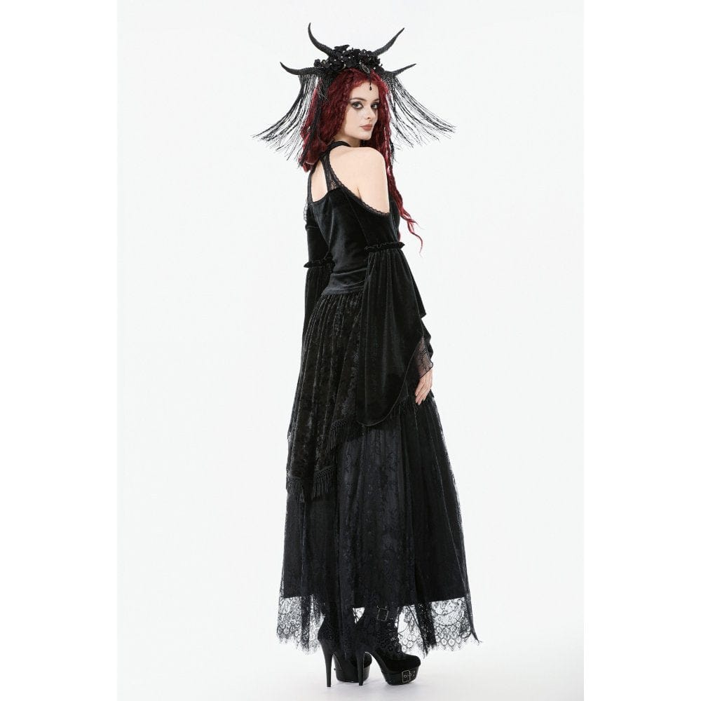 Darkinlove Women's Gothic Cutout Halterneck Velvet Flared Sleeved Shirt