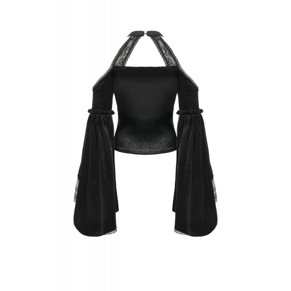 Darkinlove Women's Gothic Cutout Halterneck Velvet Flared Sleeved Shirt