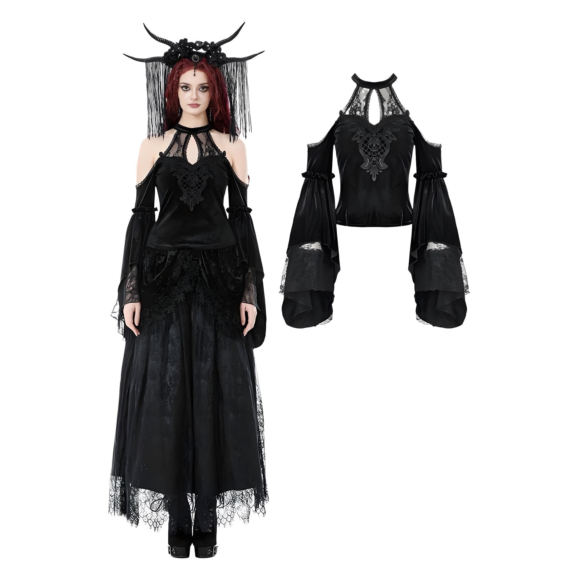 Darkinlove Women's Gothic Cutout Halterneck Velvet Flared Sleeved Shirt