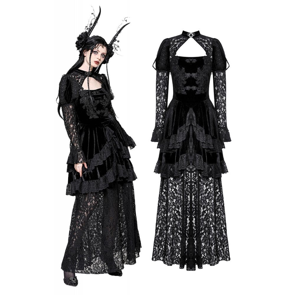 Darkinlove Women's Gothic Cutout Lace Splice Velvet Evening Dress