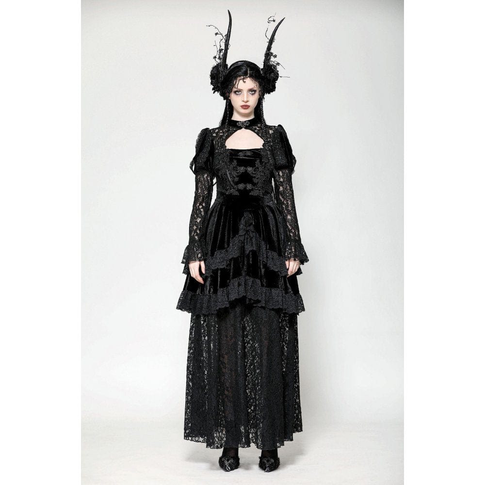 Vestido de noche gótico de terciopelo con encaje y aberturas para mujer de Darkinlove