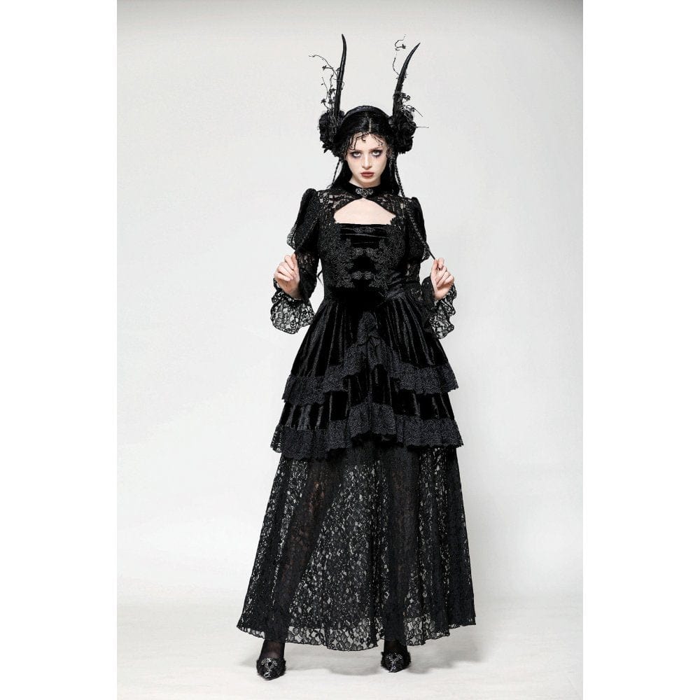 Vestido de noche gótico de terciopelo con encaje y aberturas para mujer de Darkinlove