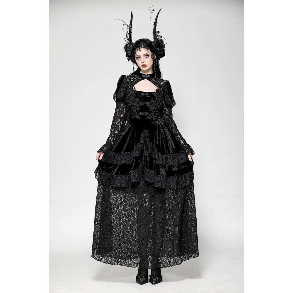 Vestido de noche gótico de terciopelo con encaje y aberturas para mujer de Darkinlove