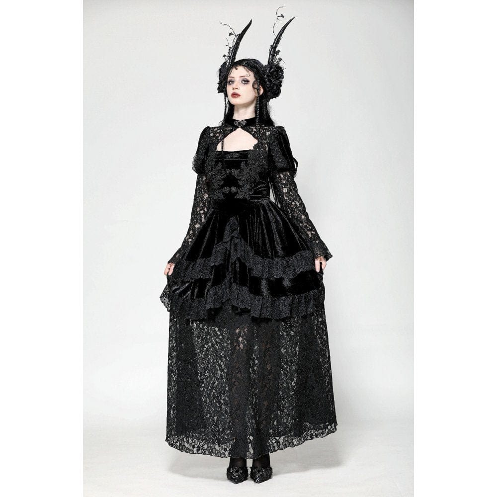 Vestido de noche gótico de terciopelo con encaje y aberturas para mujer de Darkinlove
