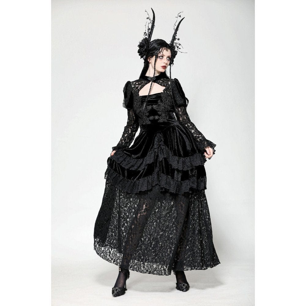 Vestido de noche gótico de terciopelo con encaje y aberturas para mujer de Darkinlove