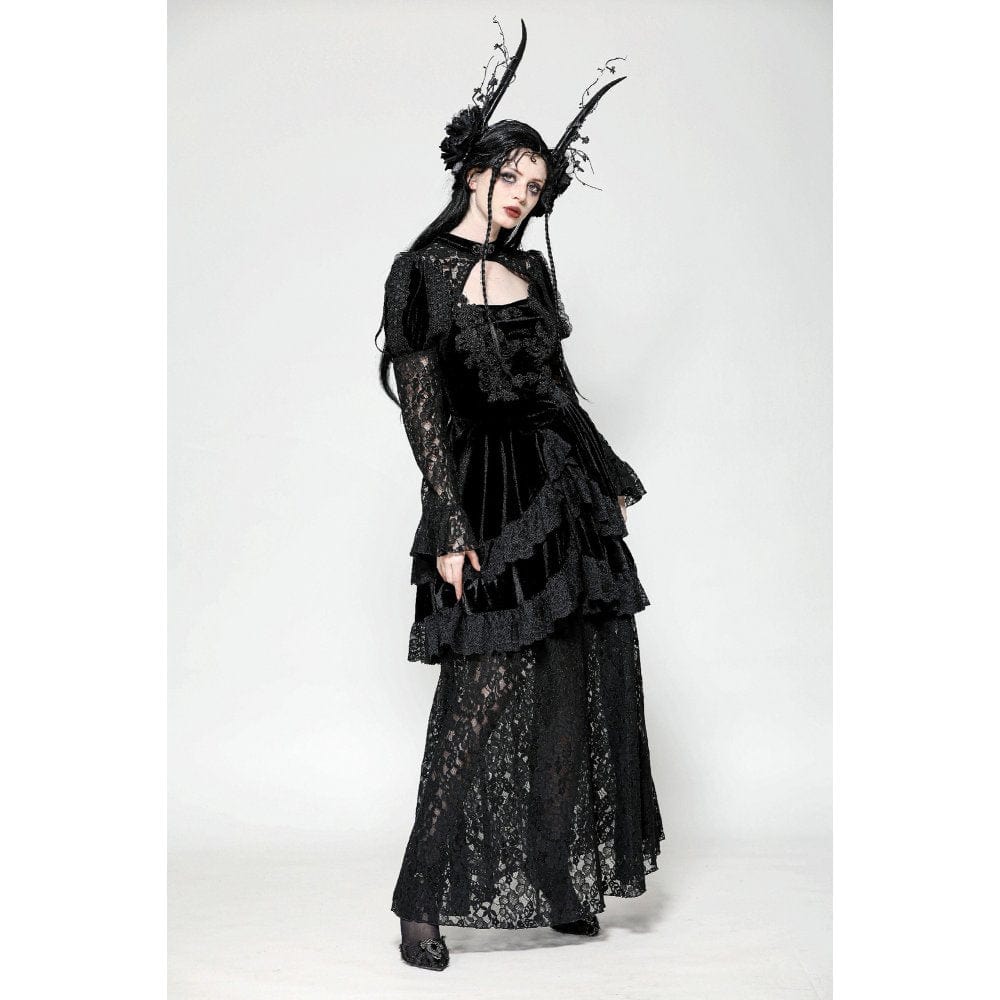 Vestido de noche gótico de terciopelo con encaje y aberturas para mujer de Darkinlove