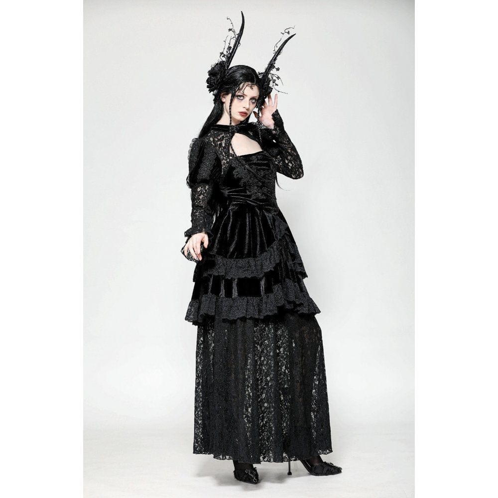 Vestido de noche gótico de terciopelo con encaje y aberturas para mujer de Darkinlove