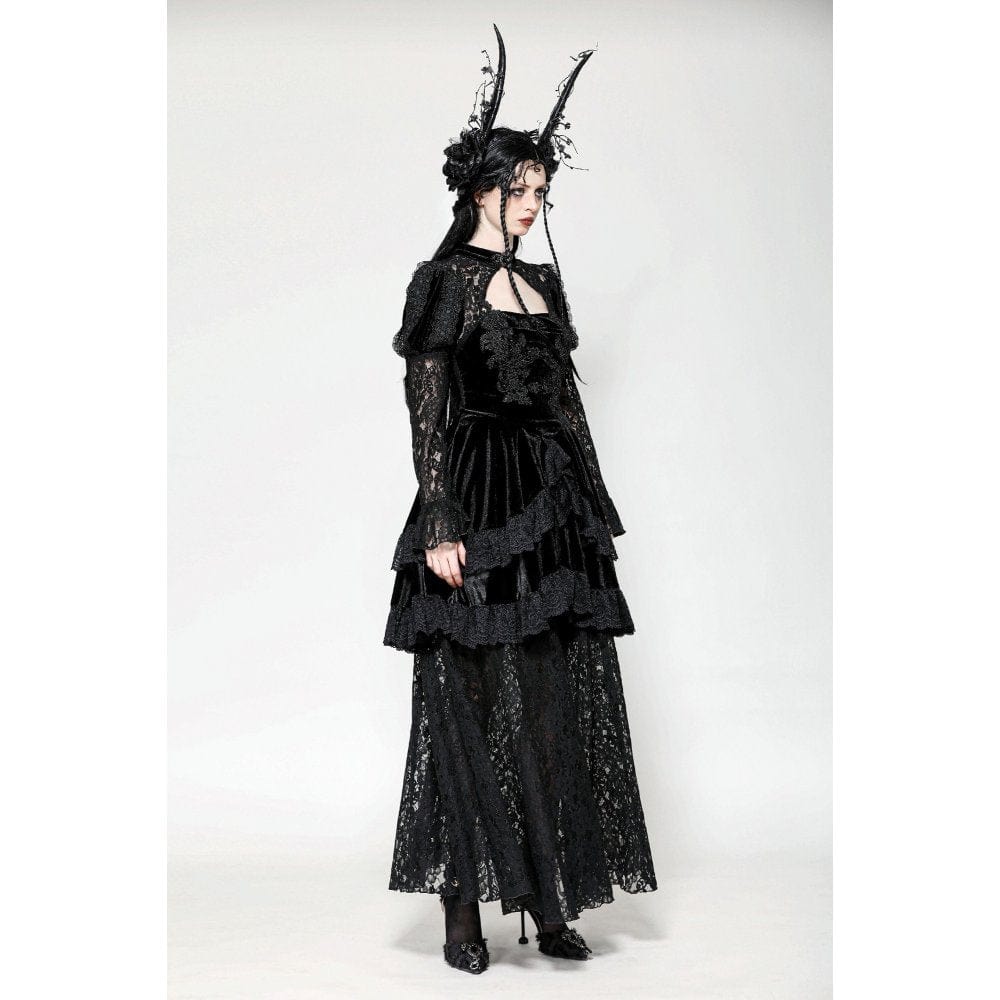 Vestido de noche gótico de terciopelo con encaje y aberturas para mujer de Darkinlove