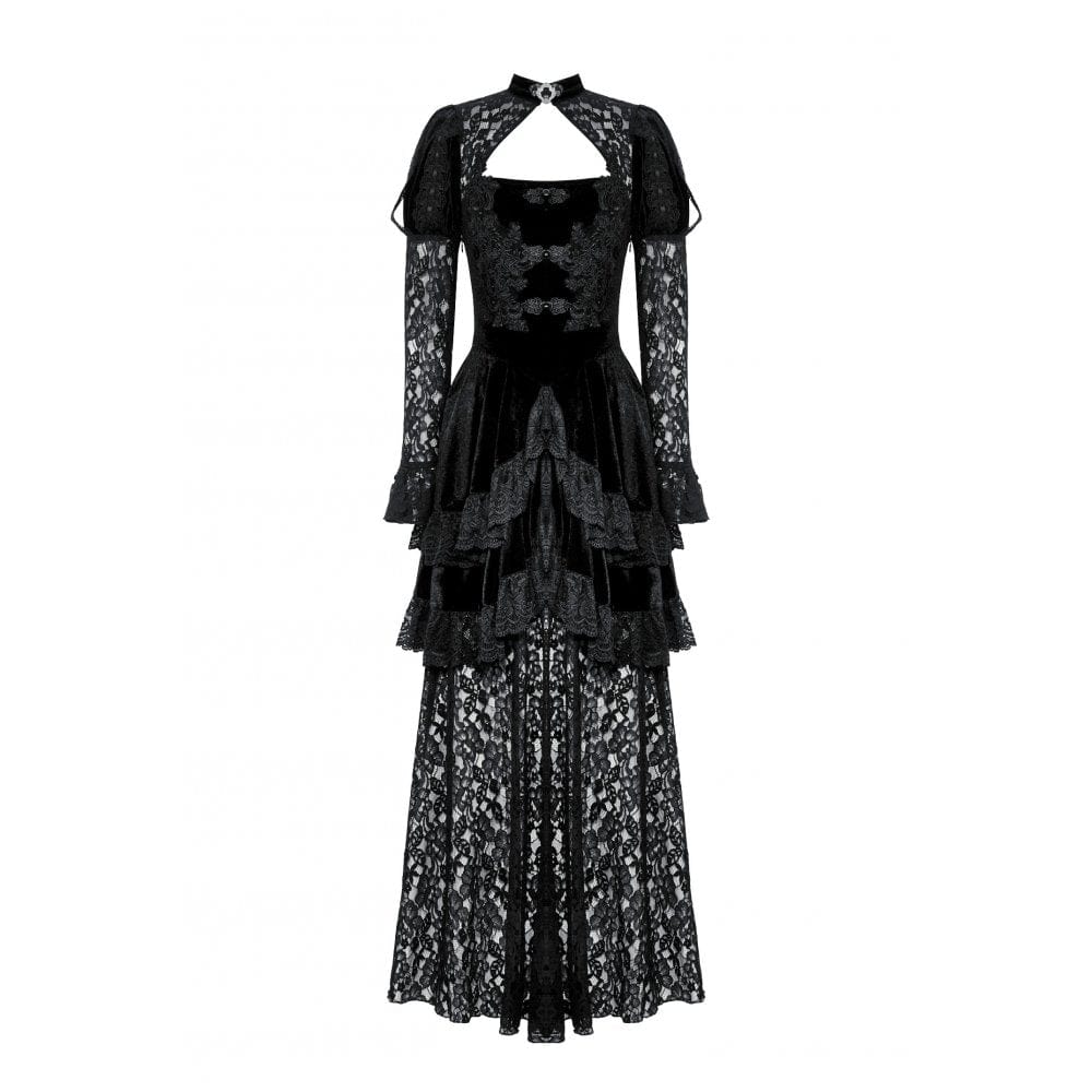 Vestido de noche gótico de terciopelo con encaje y aberturas para mujer de Darkinlove