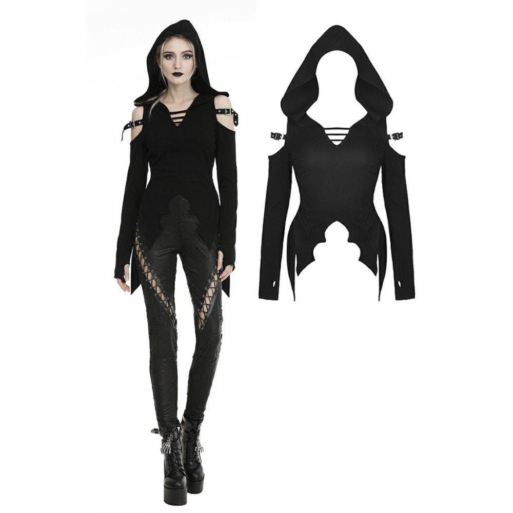 Darkinlove Women's Gothic Cutout Tops With Belt And Hood