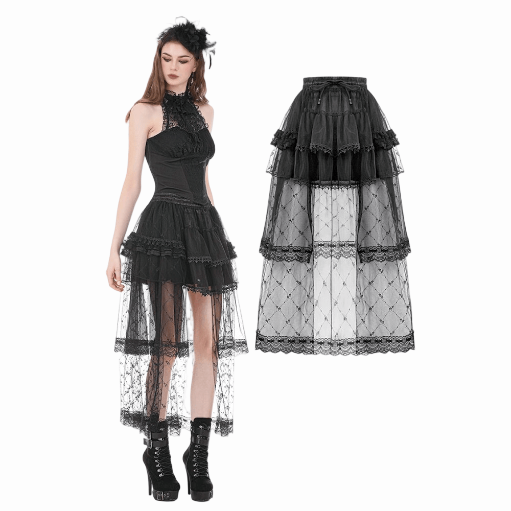 Darkinlove Women's Gothic Diamond Lace Splice Layered Tutu Skirt