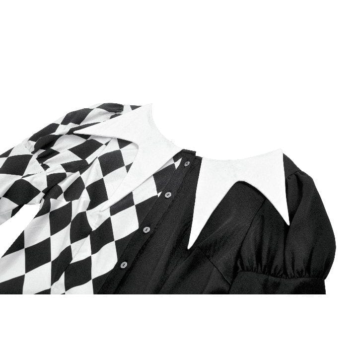 Darkinlove Women's Gothic Diamond Pattern Contrast Color Long Sleeved Shirt