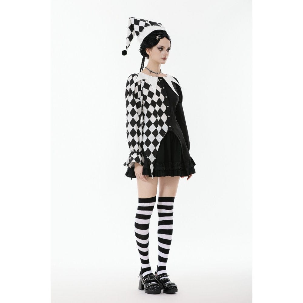 Darkinlove Women's Gothic Diamond Pattern Contrast Color Long Sleeved Shirt