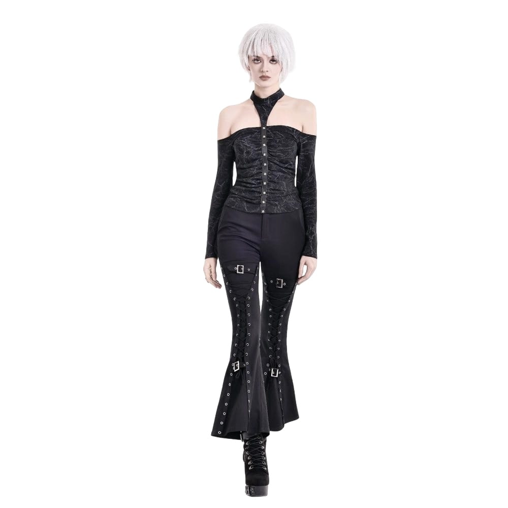 Darkinlove Women's Gothic Distressed Texture Ruched Off‑shoulder Halter Long Sleeve Top