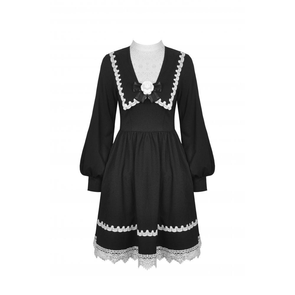 Darkinlove Women's Gothic Doll Collar Puff Sleeved Bowknot Dress
