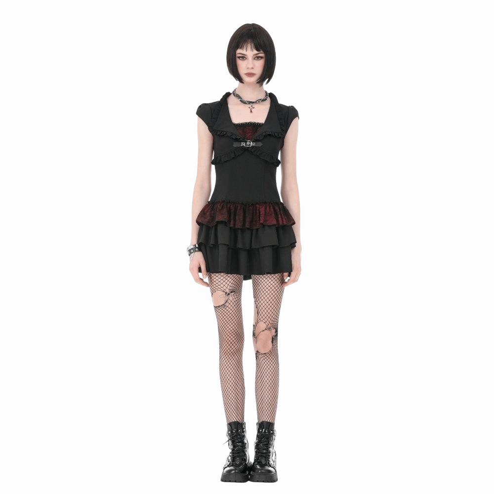Darkinlove Women's Gothic Double Color Ruffled Short Sleeve Dress