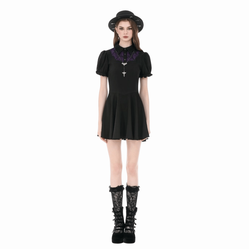 Darkinlove Women's Gothic Double Color Turn-down Collar Puff Short Sleeve Dress