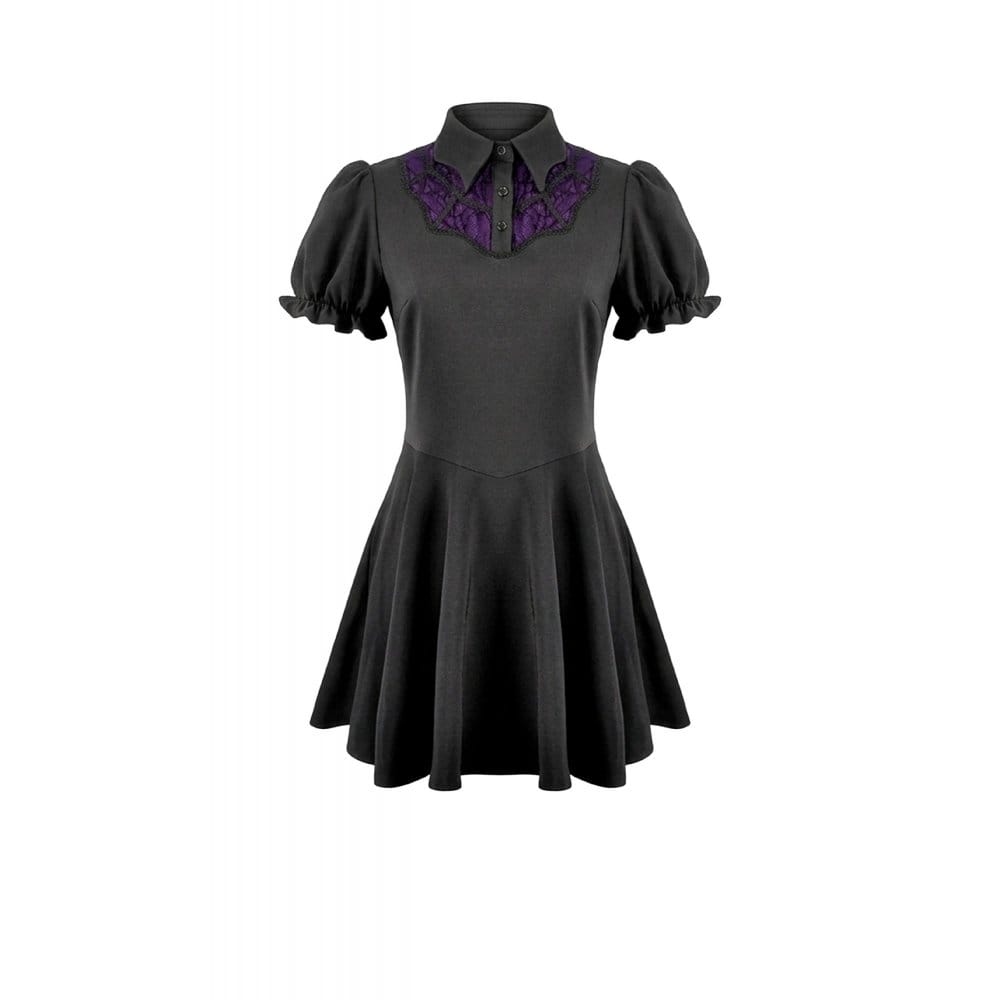 Darkinlove Women's Gothic Double Color Turn-down Collar Puff Short Sleeve Dress
