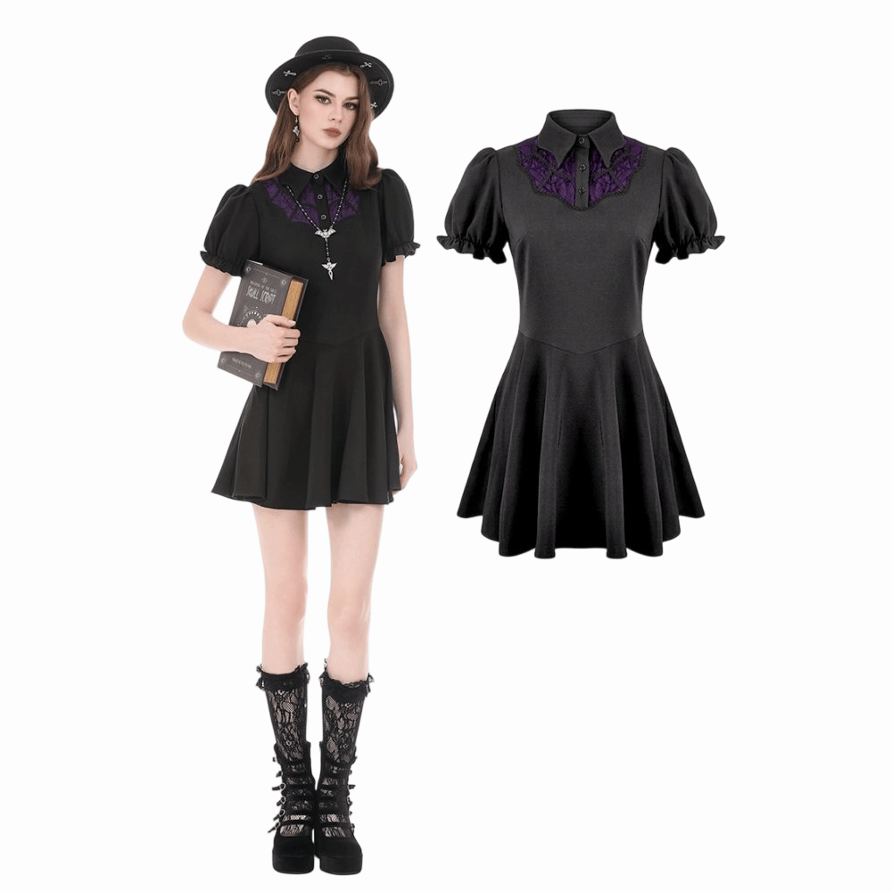 Darkinlove Women's Gothic Double Color Turn-down Collar Puff Short Sleeve Dress