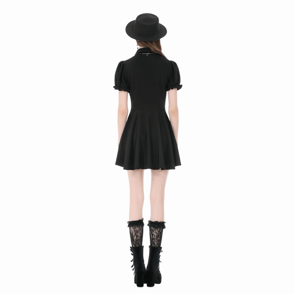 Darkinlove Women's Gothic Double Color Turn-down Collar Puff Short Sleeve Dress