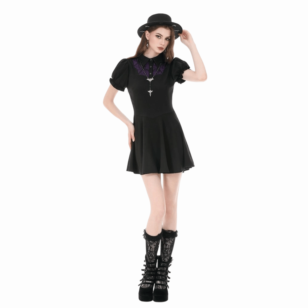 Darkinlove Women's Gothic Double Color Turn-down Collar Puff Short Sleeve Dress
