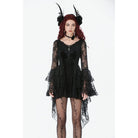 Darkinlove Women's Gothic Embroidered Cross Flared Sleeved Dress