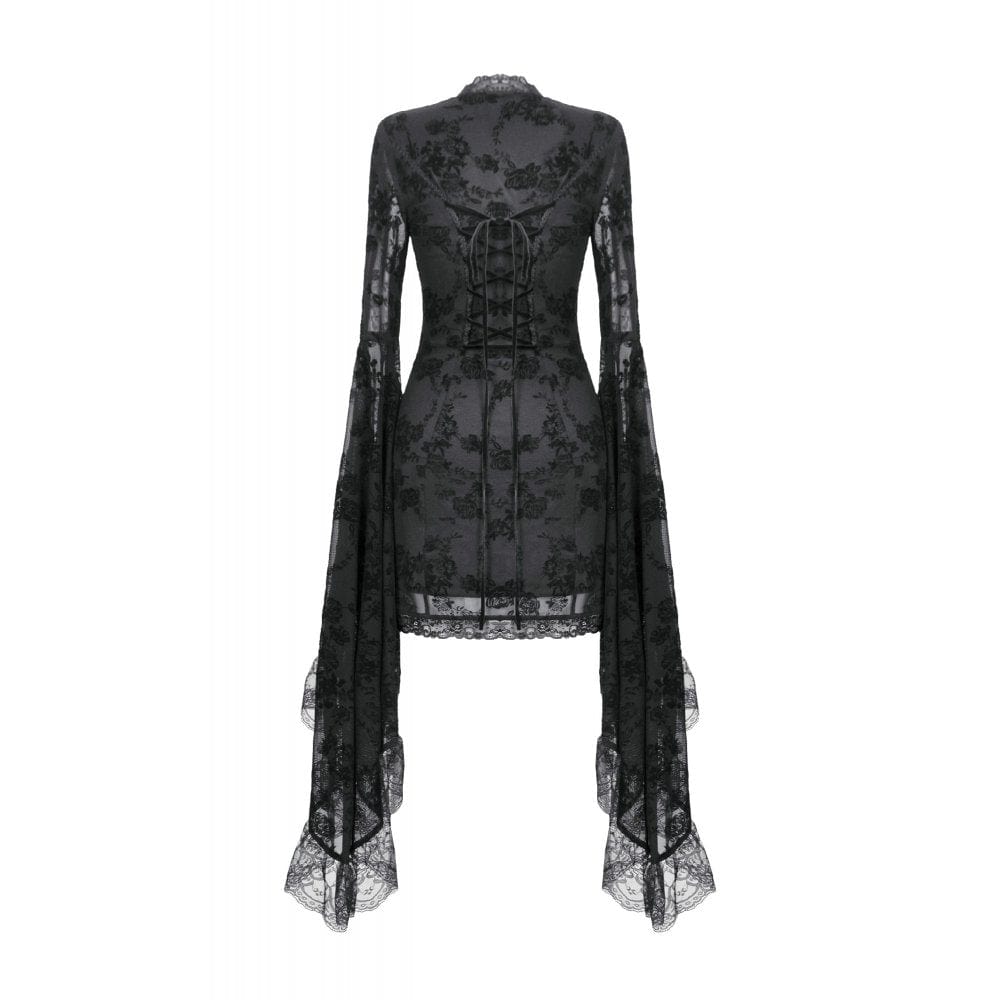 Darkinlove Women's Gothic Embroidered Floral Mesh Square-cut Collar Dress