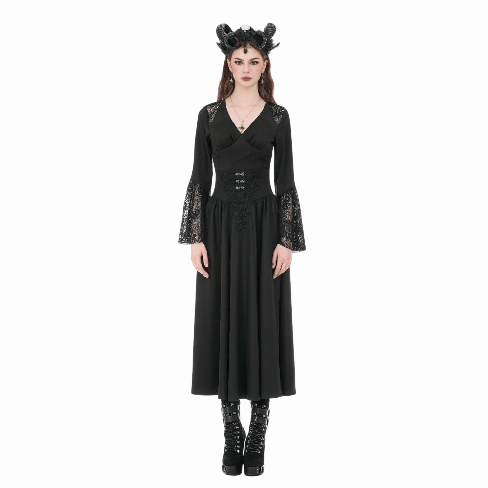 Darkinlove Women's Gothic Embroidered Gathered Maxi Skirt