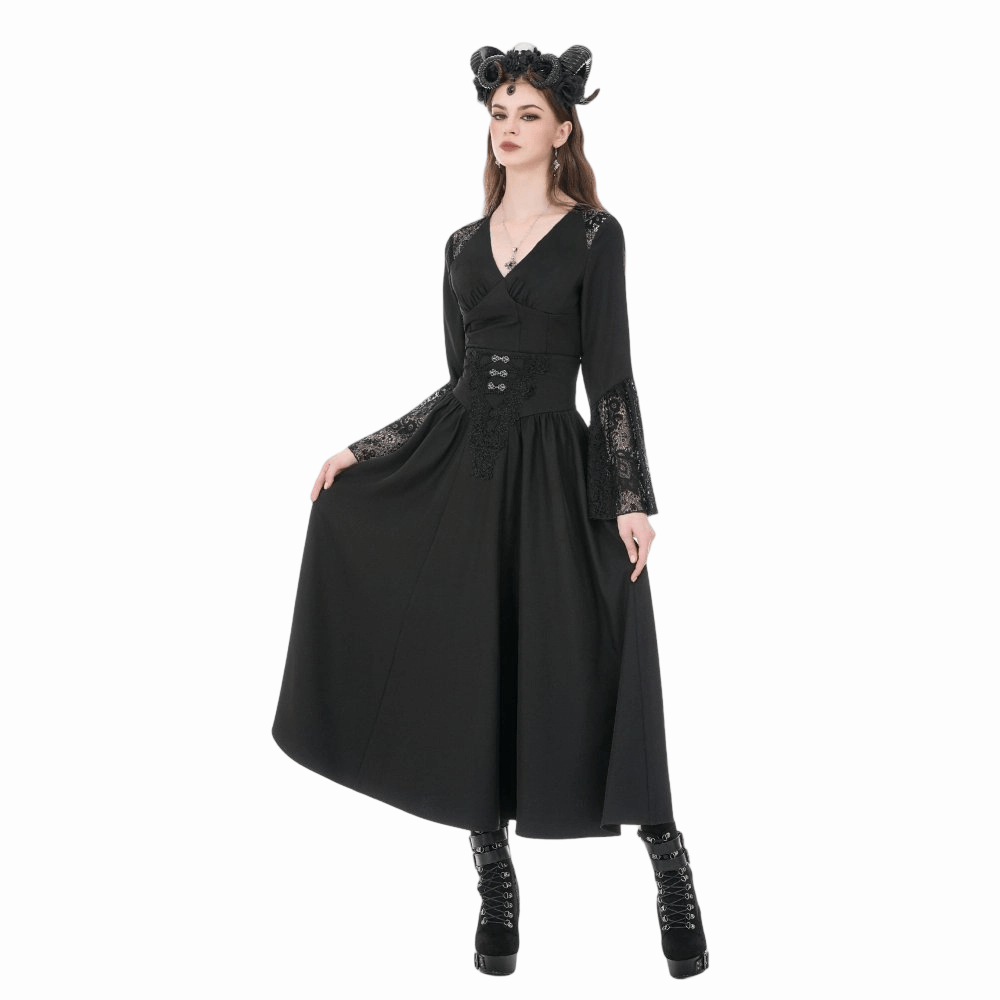 Darkinlove Women's Gothic Embroidered Gathered Maxi Skirt