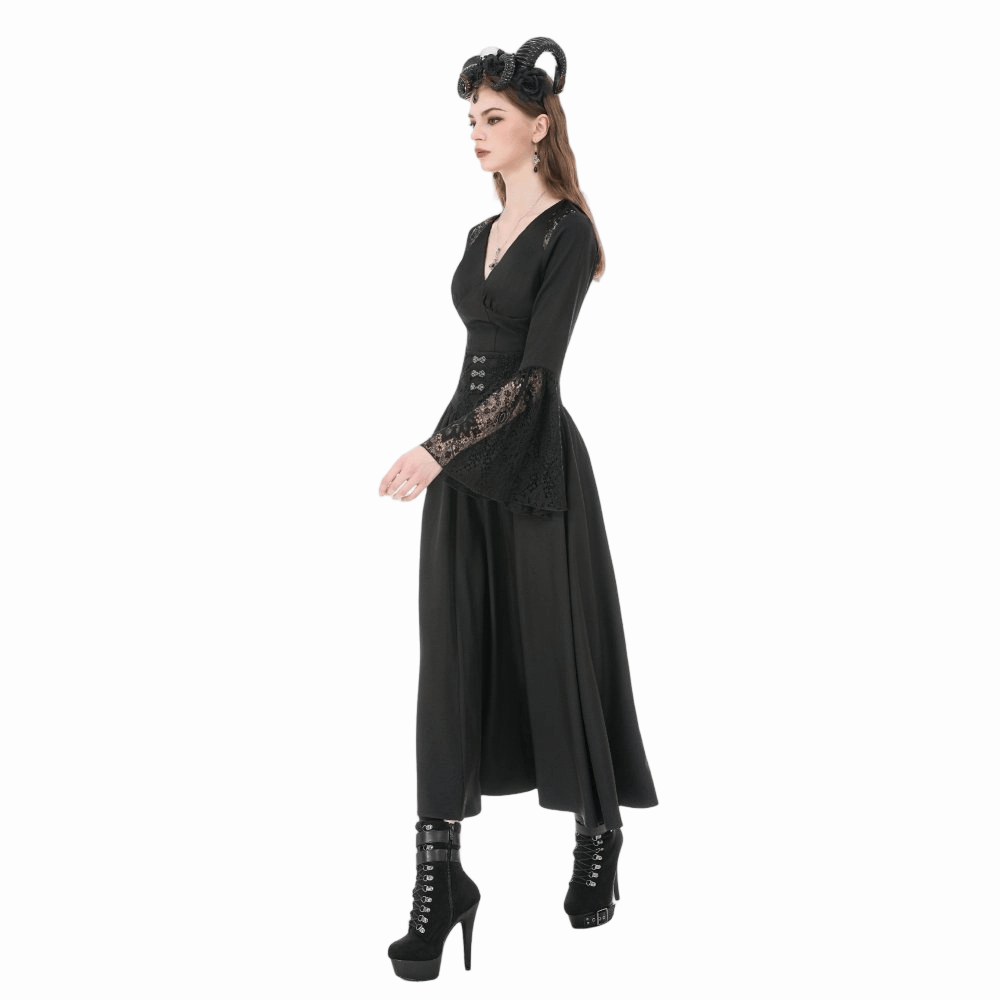 Darkinlove Women's Gothic Embroidered Gathered Maxi Skirt