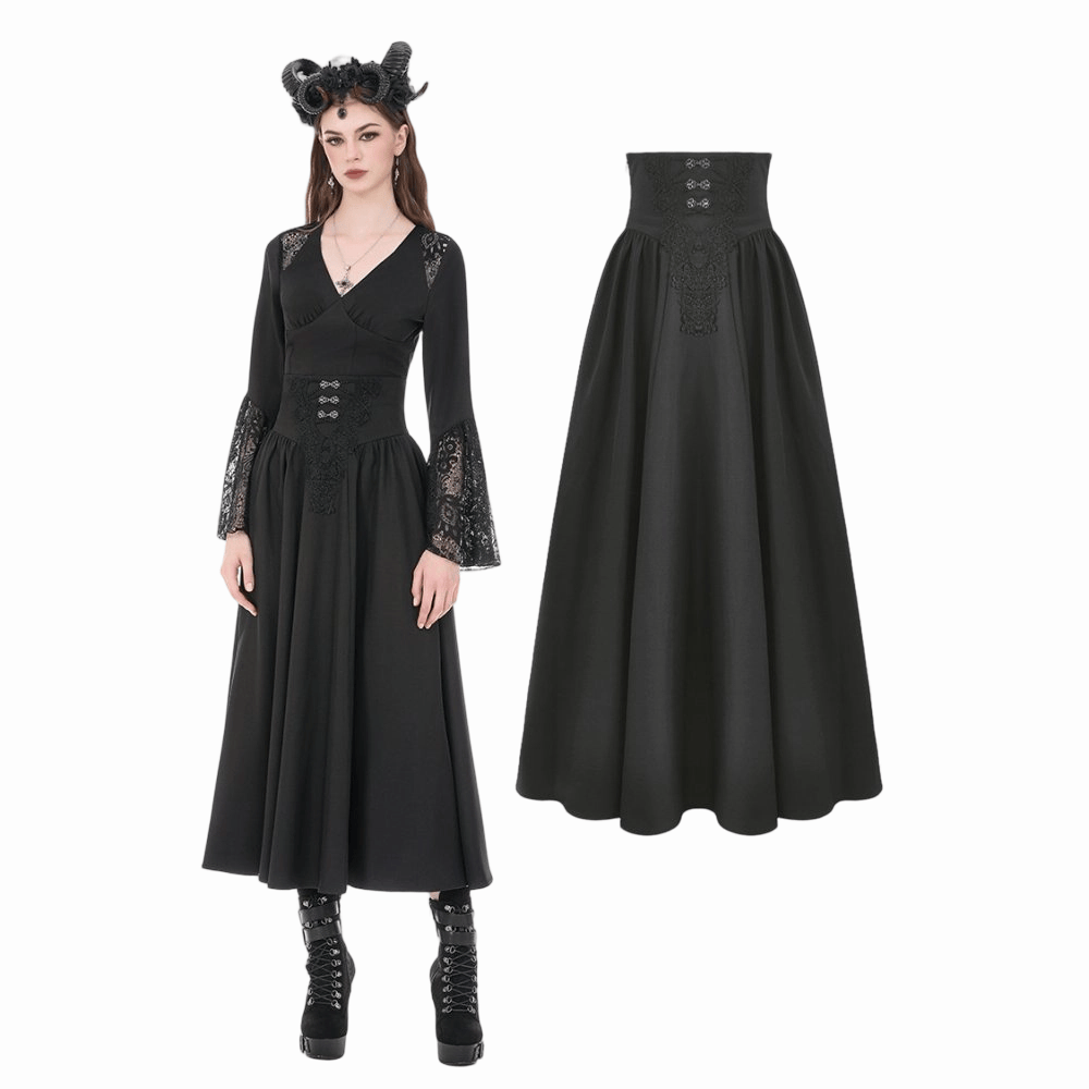 Darkinlove Women's Gothic Embroidered Gathered Maxi Skirt