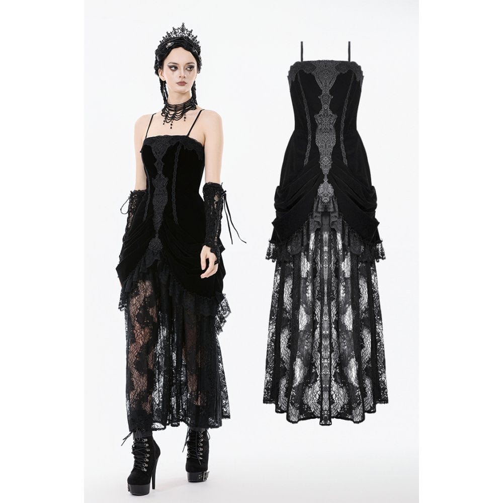Darkinlove Women's Gothic Embroidered Lace Hem Ruched Slip Dress