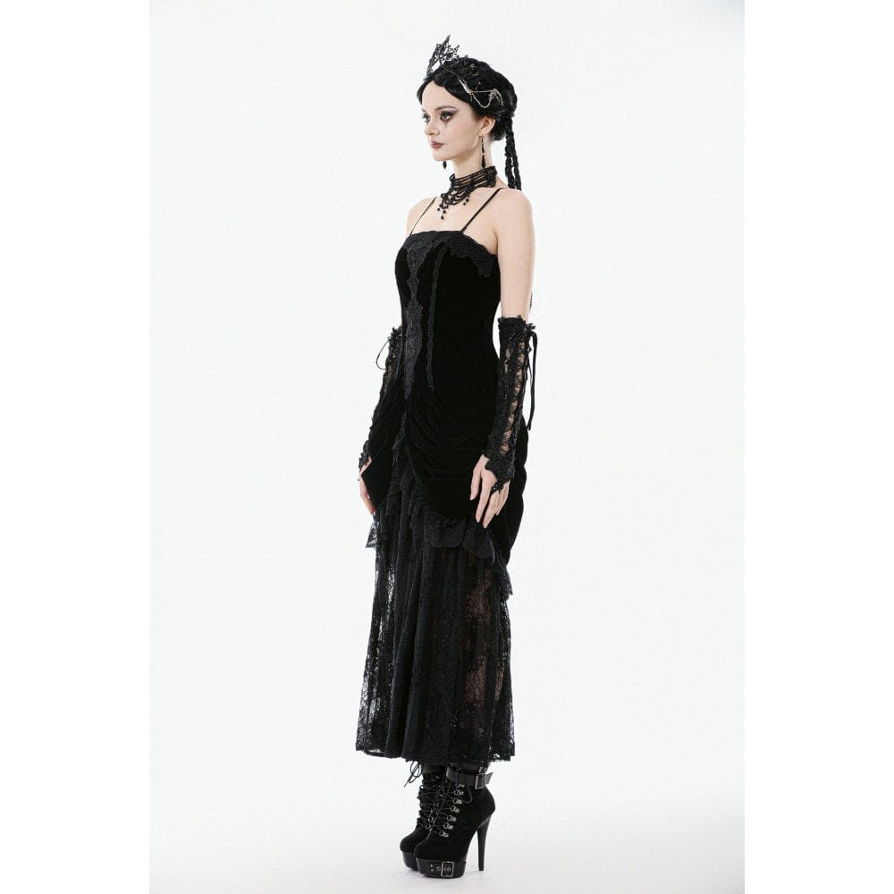 Darkinlove Women's Gothic Embroidered Lace Hem Ruched Slip Dress