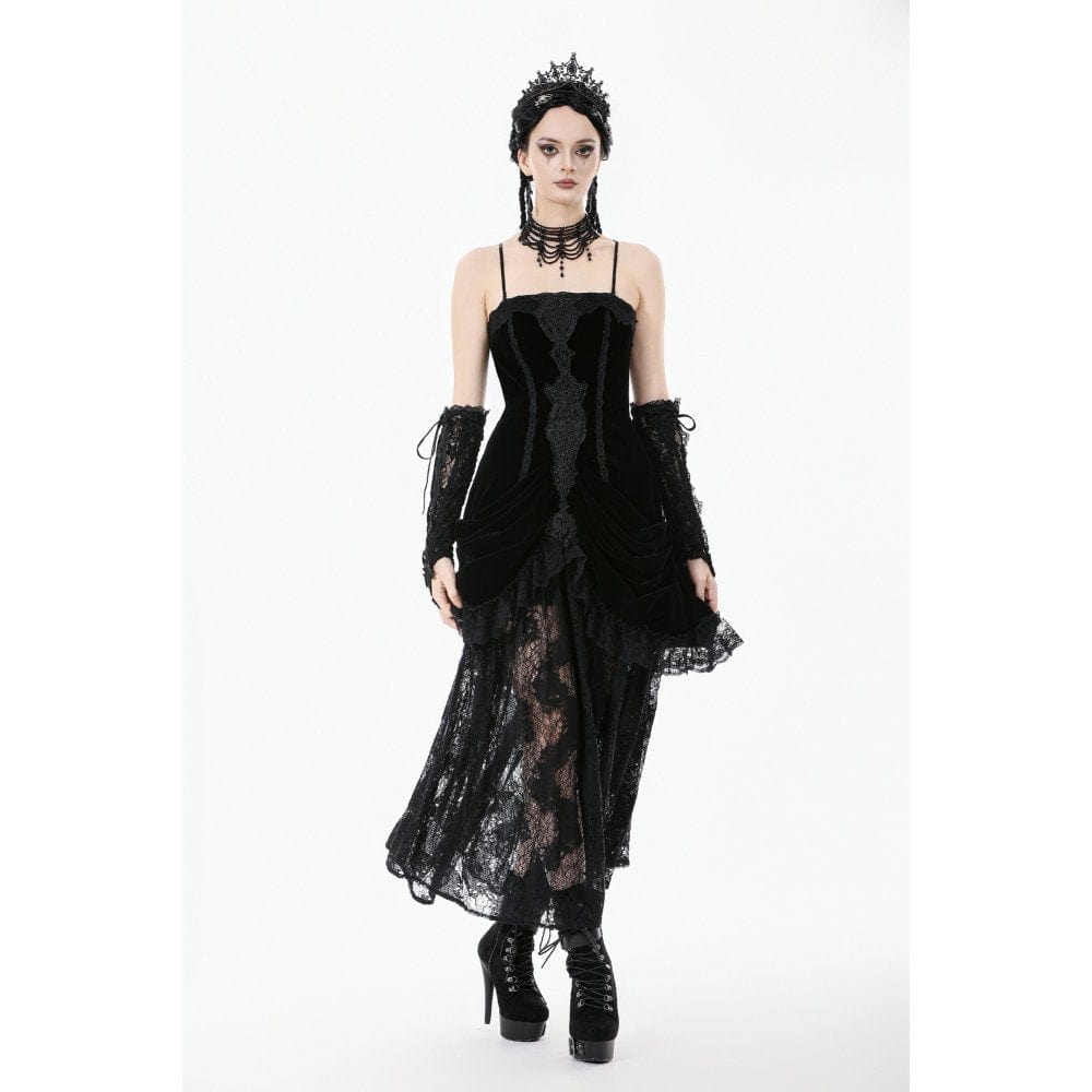 Darkinlove Women's Gothic Embroidered Lace Hem Ruched Slip Dress