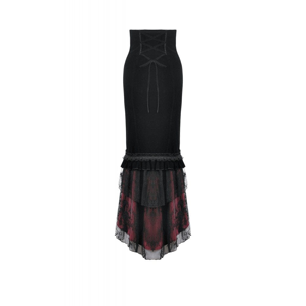 Darkinlove Women's Gothic Embroidered Lace Splice Velvet Mermaid Skirt