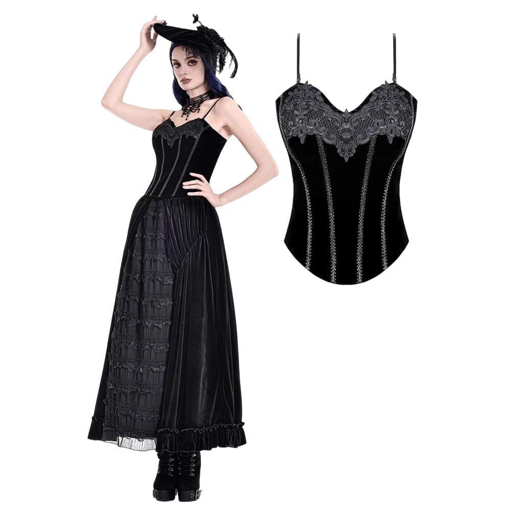 Darkinlove Women's Gothic Embroidered Lace-up Velvet Overbust Corset