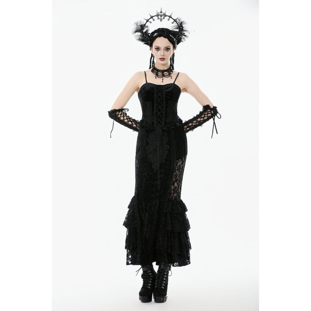 Darkinlove Women's Gothic Embroidered Ruffled Velvet Bustier