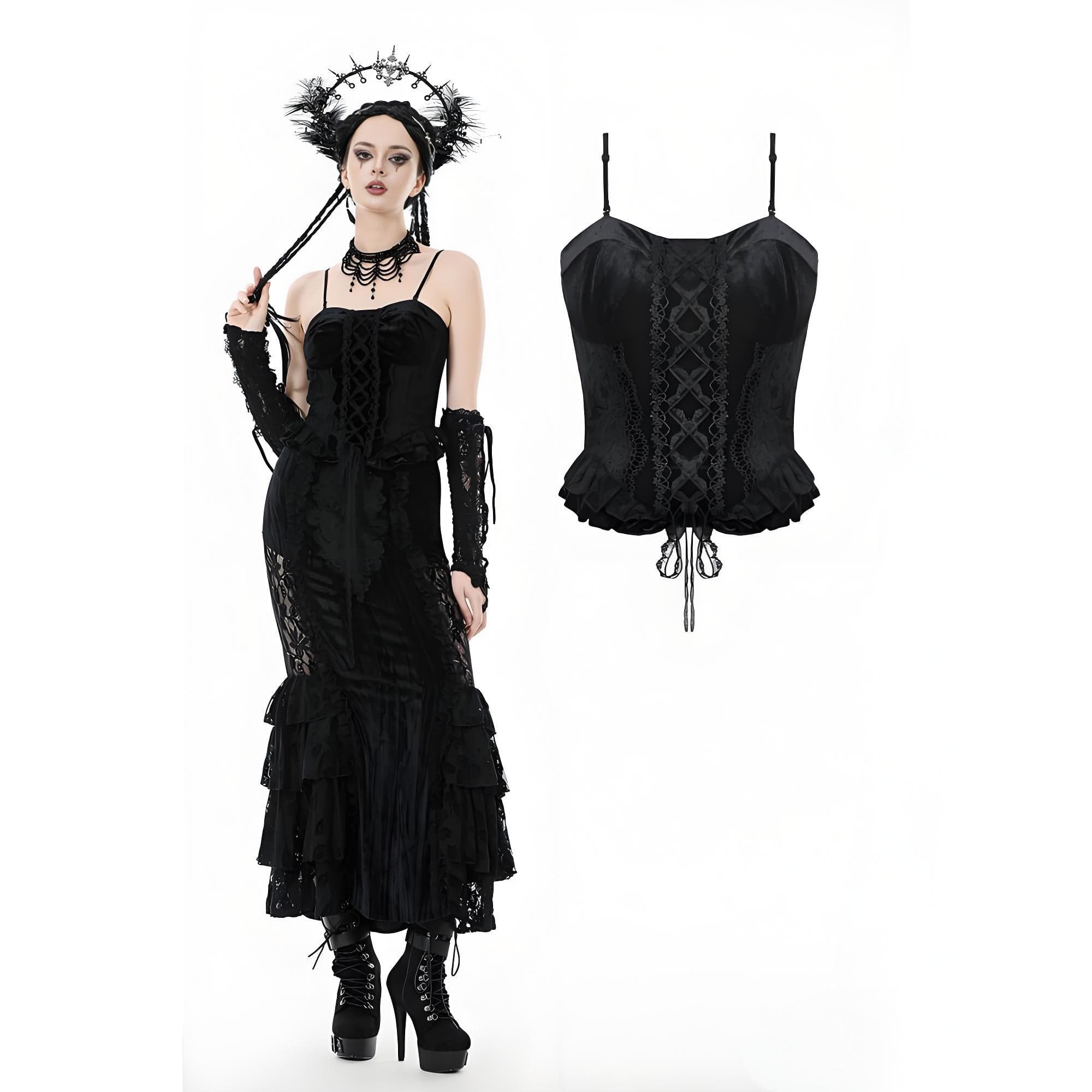 Darkinlove Women's Gothic Embroidered Ruffled Velvet Bustier
