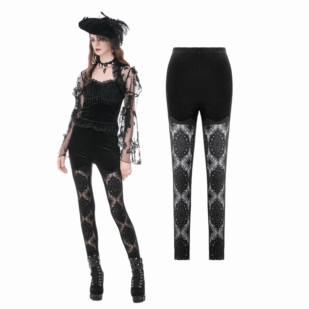 Leggings da donna Darkinlove con ricami gotici e inserti in pizzo trasparente.
