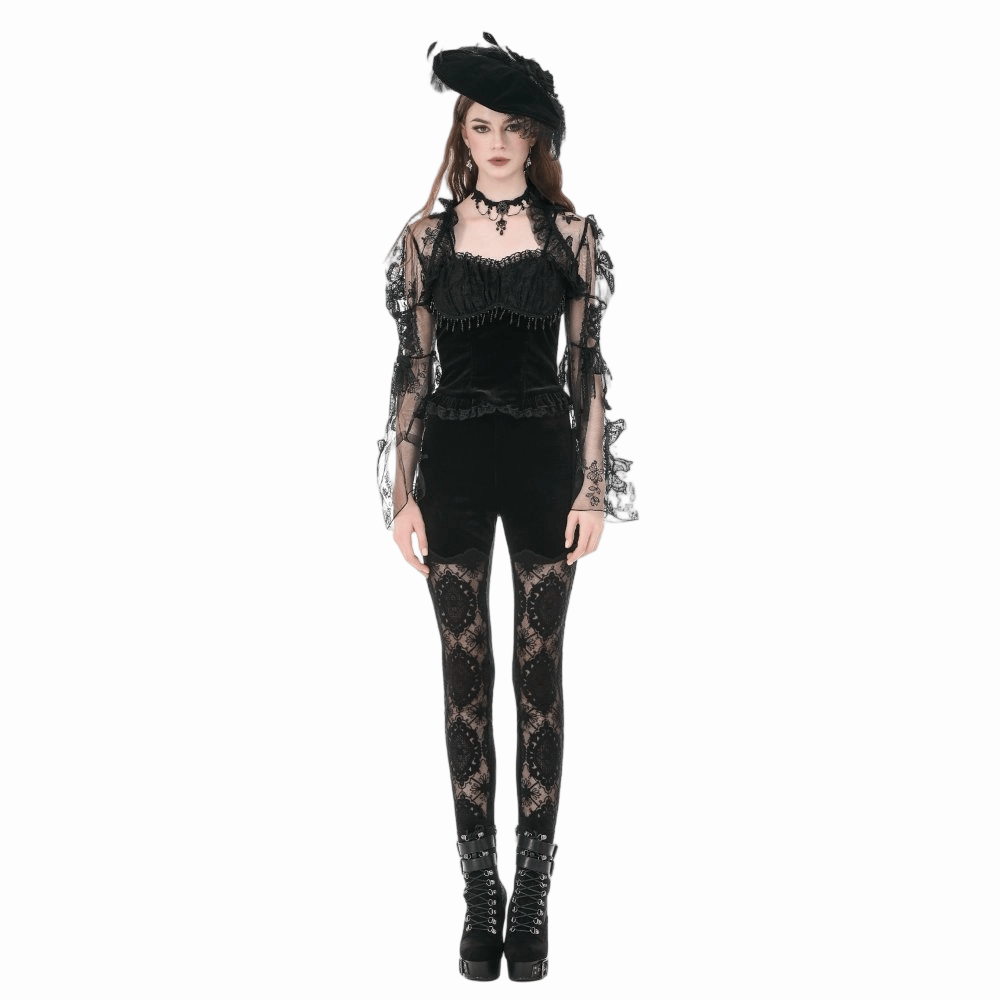 Leggings da donna Darkinlove con ricami gotici e inserti in pizzo trasparente.