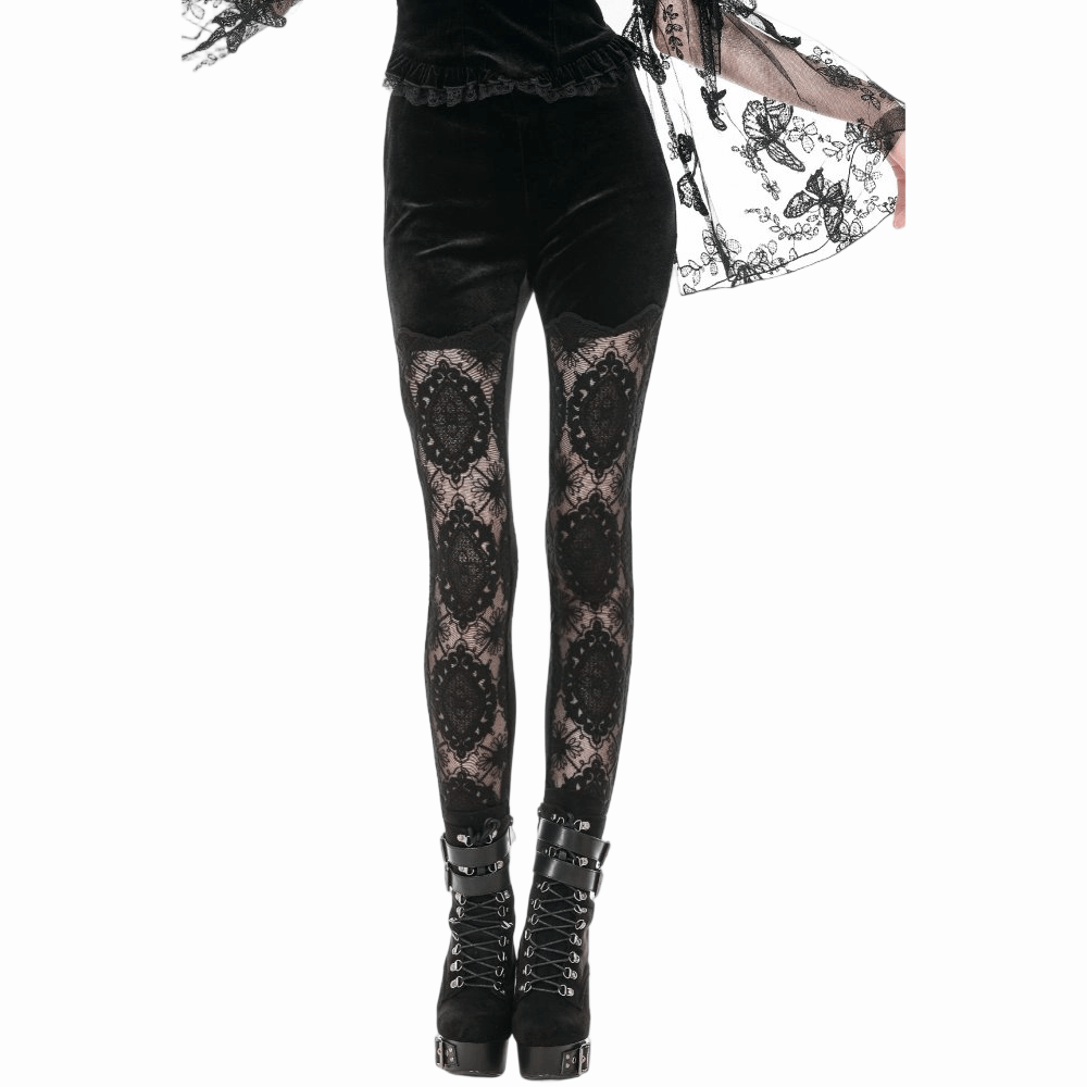 Leggings da donna Darkinlove con ricami gotici e inserti in pizzo trasparente.