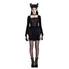 Darkinlove Women's Gothic Embroidered Square Neck Bell Sleeve Velvet Short Dress