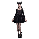 Darkinlove Women's Gothic Embroidered Square Neck Bell Sleeve Velvet Short Dress