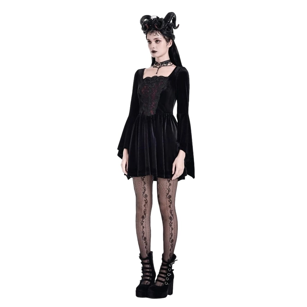 Darkinlove Women's Gothic Embroidered Square Neck Bell Sleeve Velvet Short Dress