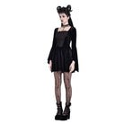 Darkinlove Women's Gothic Embroidered Square Neck Bell Sleeve Velvet Short Dress
