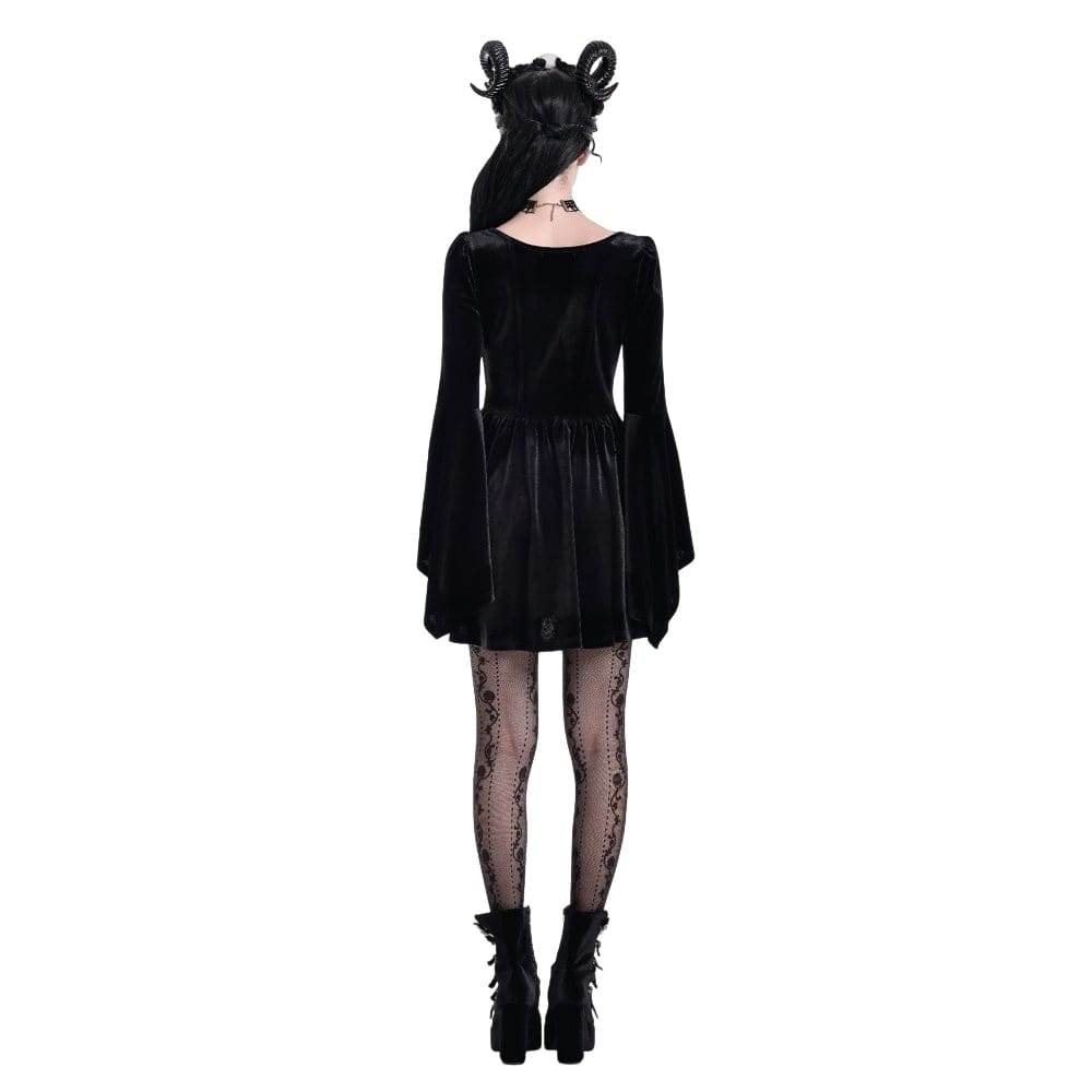 Darkinlove Women's Gothic Embroidered Square Neck Bell Sleeve Velvet Short Dress