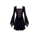 Darkinlove Women's Gothic Embroidered Square Neck Bell Sleeve Velvet Short Dress