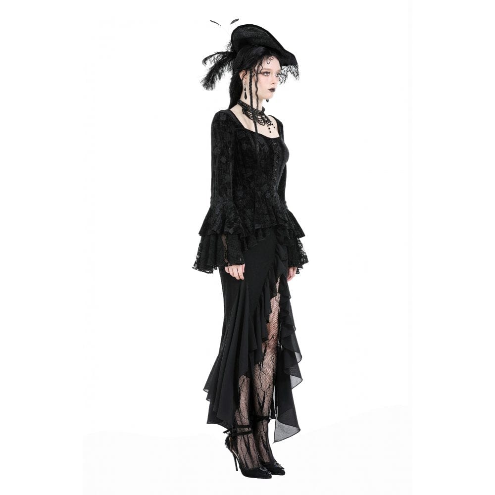 Darkinlove Women's Gothic Falre Sleeved Ruffled Velvet Shirt