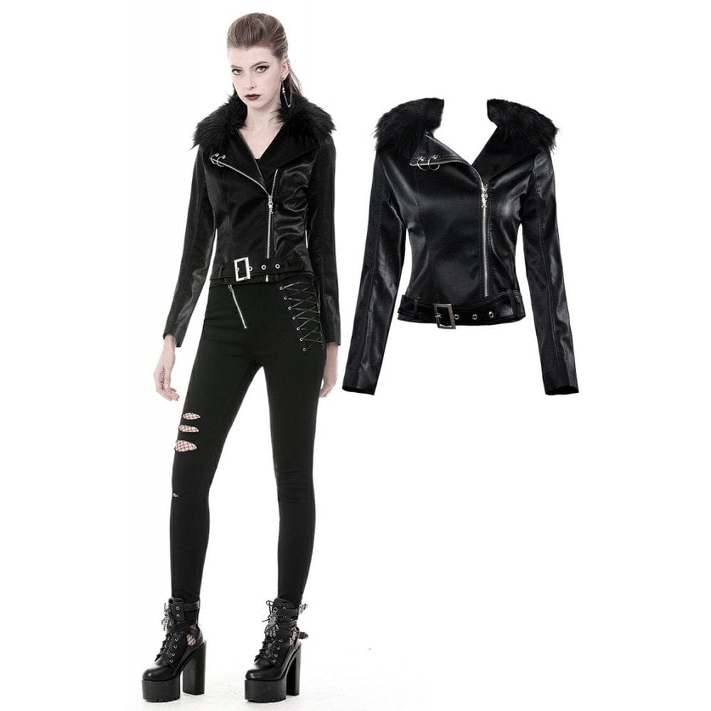Darkinlove Women's Gothic Faux Fur Collar Faux Leather Jackets With Belt