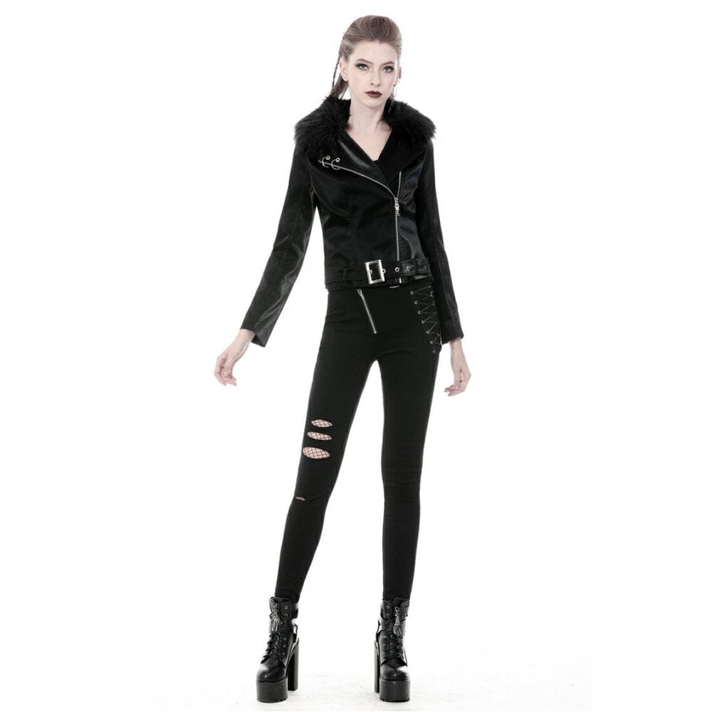 Darkinlove Women's Gothic Faux Fur Collar Faux Leather Jackets With Belt